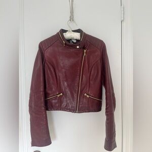 Ox Blood Leather Biker Jacket w Gold Hardware Made In NYC Distressed Size Small